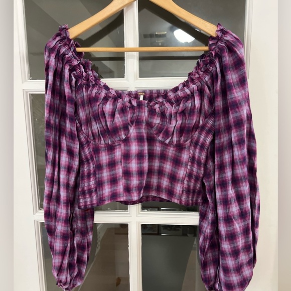 Free People Purple Cherry Bomb Plaid Top - Size S - Picture 2 of 9